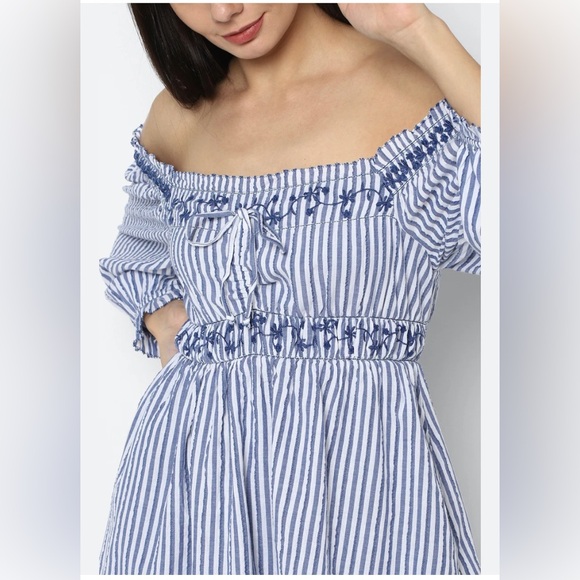 ✨American Eagle Blue and White Striped Cotton Puff Sleeve Embroidered Mini Dress - Picture 1 of 13
